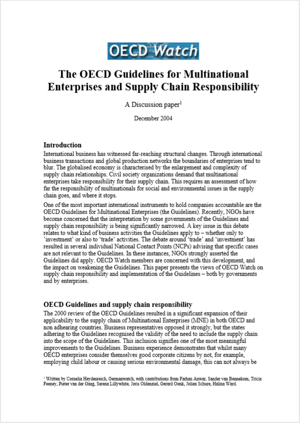 publication cover - OECD Watch Discussion Paper Supply Chain Responsibility December 2004