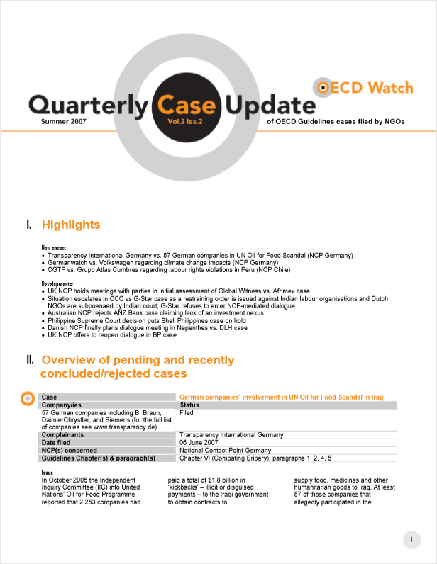 publication cover - OECD Watch Quarterly Case Update Summer 2007