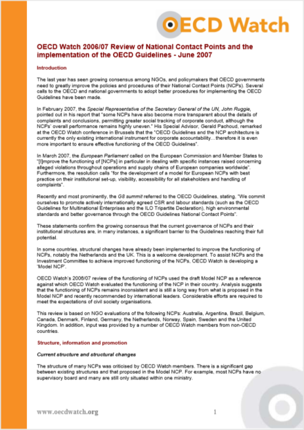 publication cover - OECD Watch 2006/07 Review of National Contact Points and the implementation of the OECD guidelines