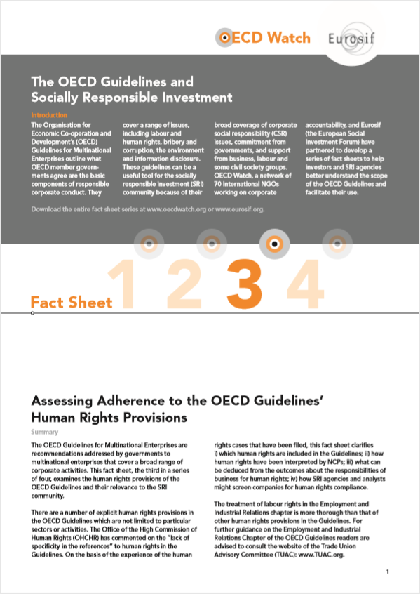 publication cover - OECD Watch Fact Sheet 3: Assessing Adherence to the OECD Guidelines’ Human Rights Provisions