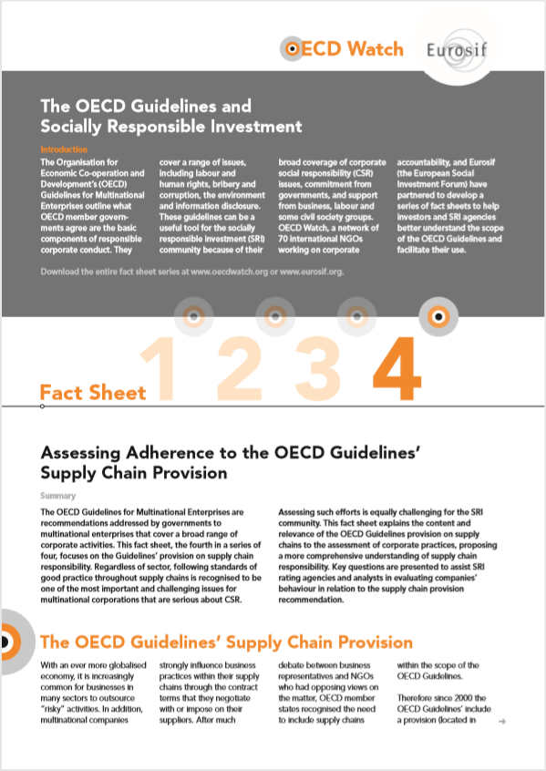 publication cover - OECD Watch Fact Sheet 4: Assessing Adherence to the OECD Guidelines’ Supply Chain Provision