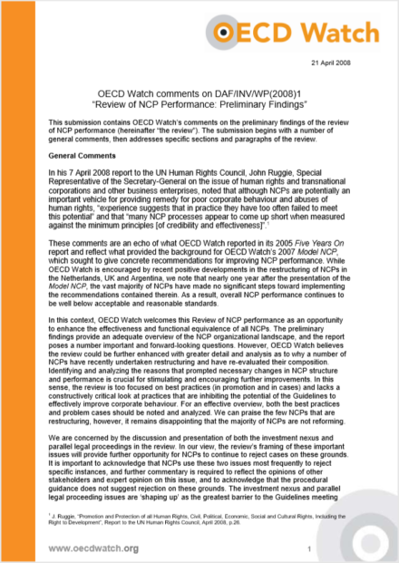 publication cover - OECD Watch comments on DAF/INV/WP(2008)1 “Review of NCP Performance: Preliminary Findings”