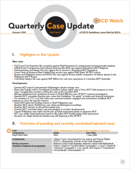 publication cover - OECD Watch Quarterly Case Update Summer 2008