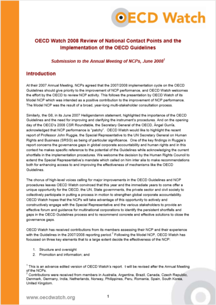 publication cover - OECD Watch 2008 Review of National Contact Points and the Implementation of the OECD Guidelines
