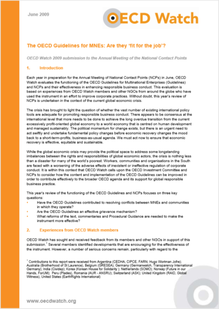 publication cover - OECD Watch 2009 Review of NCP: The OECD Guidelines for MNEs: Are they ‘fit for the job’?