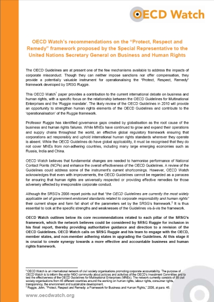 OECD Watch’s recommendations on the framework proposed by the SRSG on Business and Human Rights