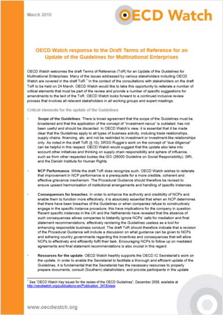 publication cover - OECD Watch response to the Draft Terms of Reference for an Update of the Guidelines for Multinational Enterprises