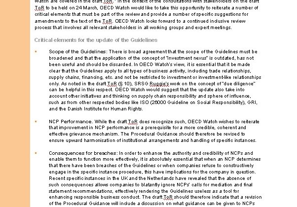 OECD Watch response to the Draft Terms of Reference for an Update of the Guidelines for Multinational Enterprises