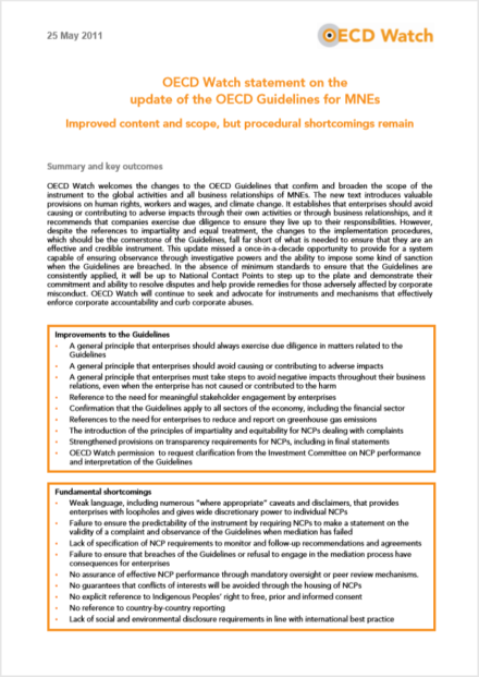 publication cover - OECD Watch statement on the update of the OECD Guidelines for Multinational Enterprises