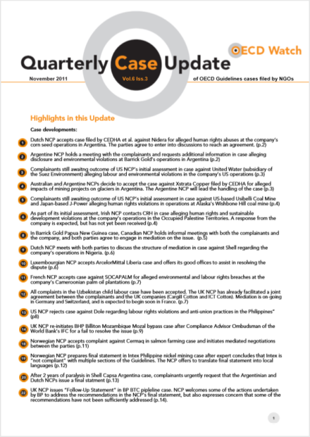 publication cover - OECD Watch Quarterly Case Update November 2011