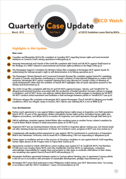 publication cover - OECD Watch Quarterly Case Update March 2012
