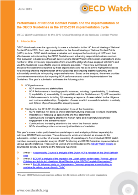 publication cover - OECD Watch submission to the 2013 Annual Meeting of the NCP