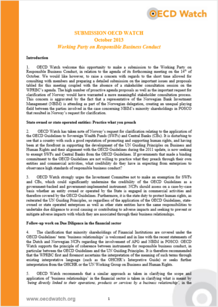 publication cover - OECD Watch Submission October 2013