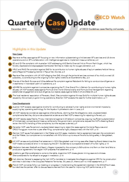 publication cover - OECD Watch Quarterly Case Update December 2014