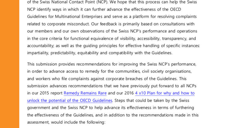 Submission on the Swiss National Contact Point’s Peer Review Process