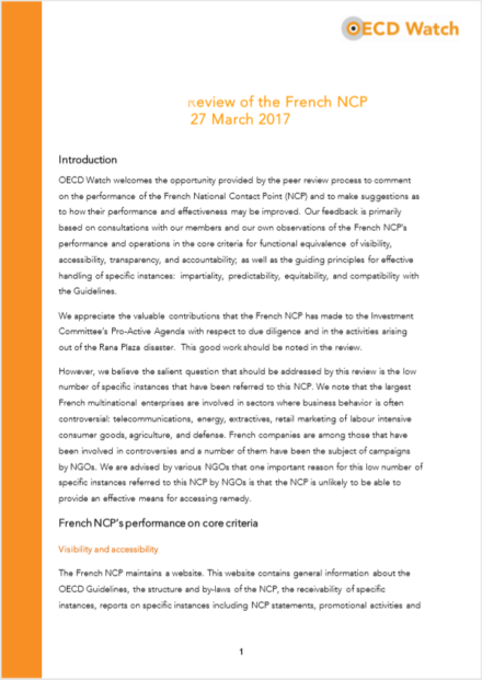 publication cover - OECD Watch submission to the 2017 Peer Review of the French NCP