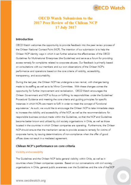 publication cover - OECD Watch Submission to the 2017 Peer Review of the Chilean NCP
