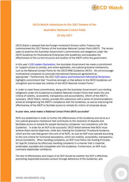 publication cover - OECD Watch Submission to Australian NCP for its 2017 Review