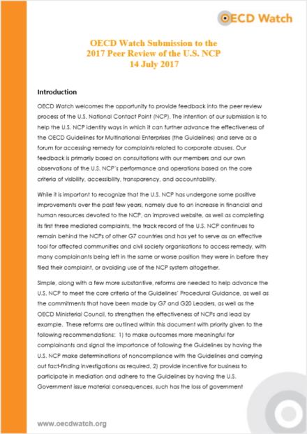 publication cover - OECD Watch Submission to the 2017 Peer Review of the U.S. NCP