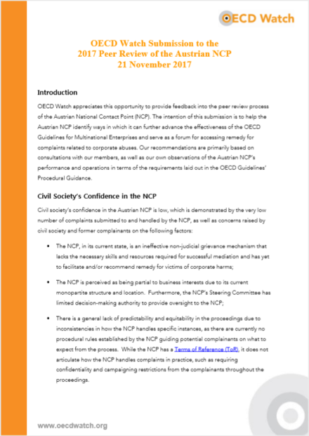 publication cover - Submission of OECD Watch for the 2017 Peer Review of the Austrian NCP