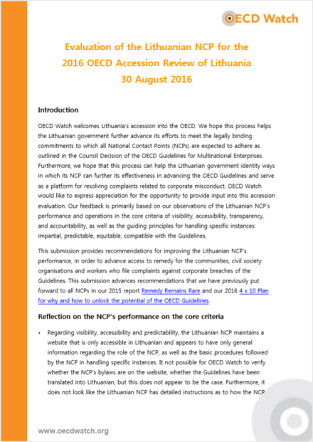 publication cover - OECD Watch 2016 Evaluation of the Lithuanian NCP