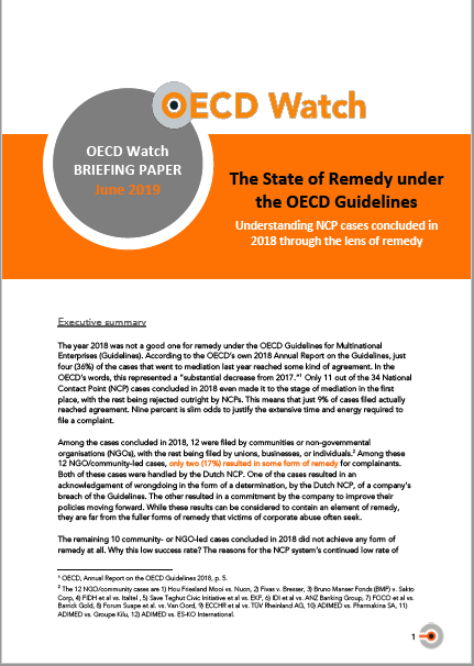 publication cover - The State of Remedy under the OECD Guidelines: Understanding NCP cases concluded in 2018 through the lens of remedy