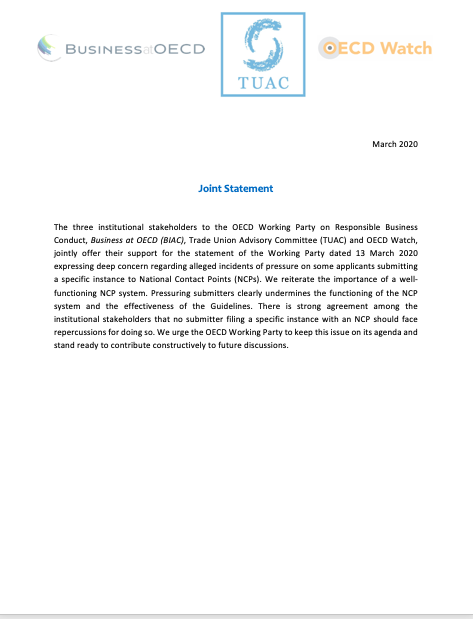 publication cover - OECD Watch, BIAC and TUAC Joint Statement Against Reprisals