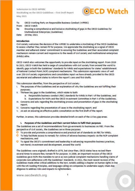 publication cover - OECD Watch submission to OECD’s stocktaking on gaps in the Guidelines