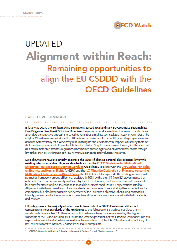 publication cover - Updated – Alignment within Reach: Remaining opportunities to align the EU CSDDD with the OECD Guidelines