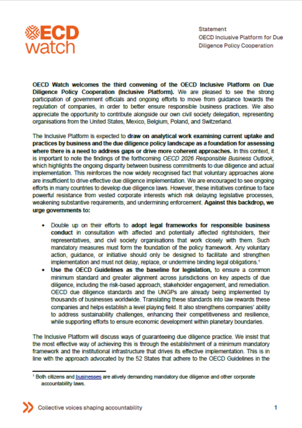 publication cover - OECD Watch statement on advancing legal frameworks for responsible business conduct